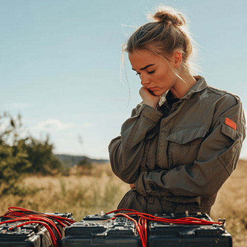 Woman looking at sodium ion and lithium ion batteries concentrating